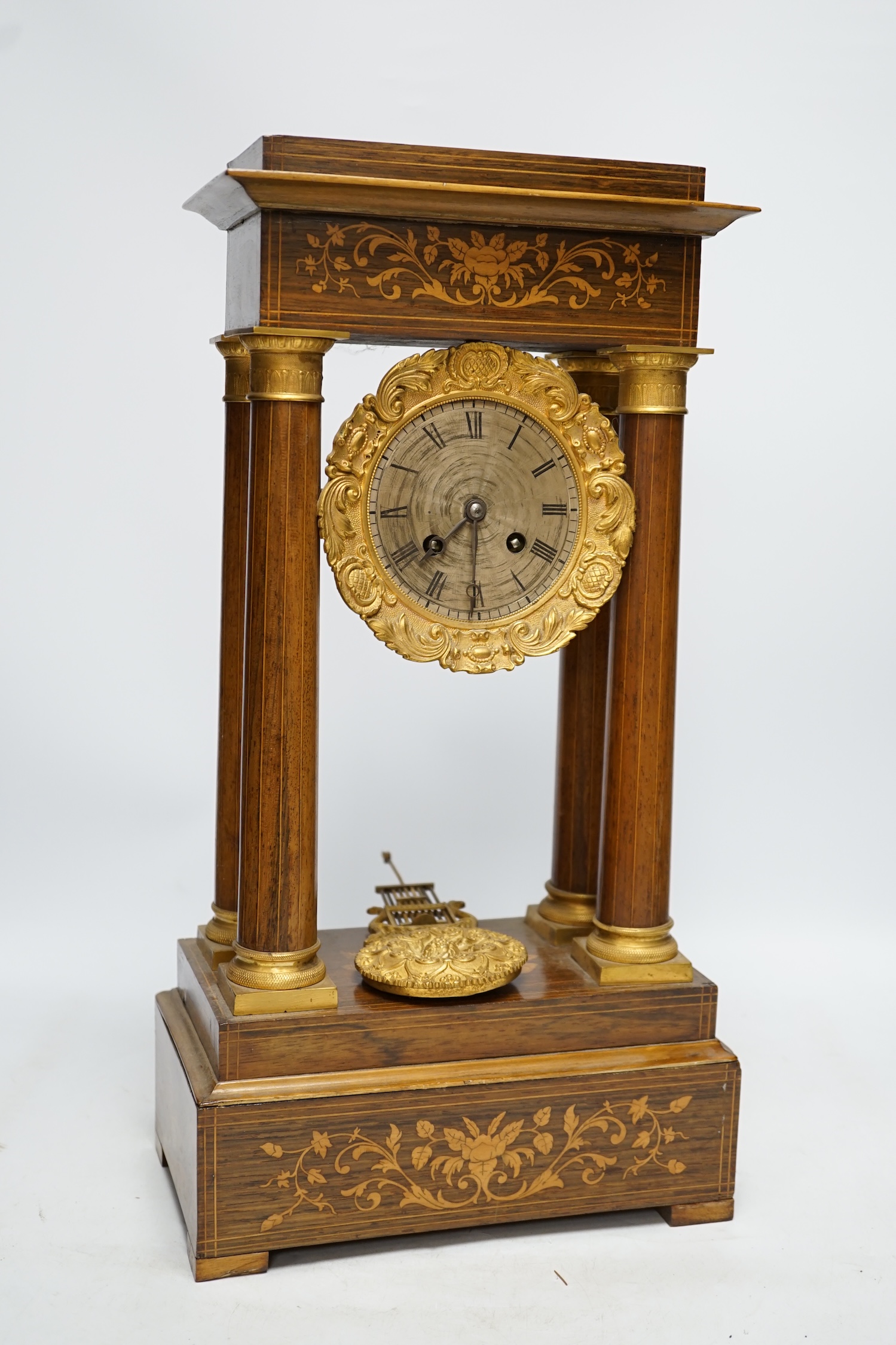 A 19th century French rosewood and marquetry inlaid Portico clock, 46cm high. Condition - good, but untested as working